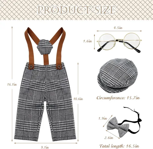 Miniatura 3 de 4 piezas de accesorios para fotos de bebé recién nacido, overol de celosía, pantalones con tirantes con boina, gafas de pajarita para disfraces