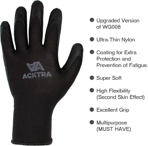 Miniatura 3 de ACKTRA - Guantes de trabajo de nailon recubiertos de poliuretano premium, 12 pares, puño tejido, para jardinería y uso general, para hombres