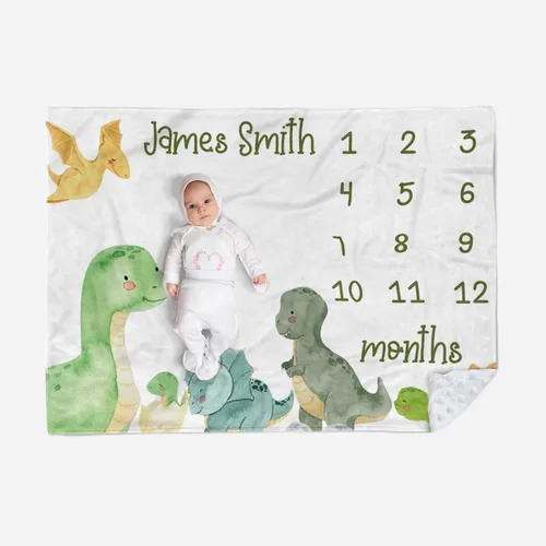 Miniatura 11 de Manta de hito mensual personalizada para bebé, nombre personalizado con diseño de dinosaurio, fondo de fotografía, manta de felpa suave con respaldo