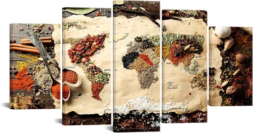 Mapa grande del mundo de 5 paneles hecho de especias sobre lienzo de madera, arte de pared, fotos de cocina, decoración de pared moderna, envoltura