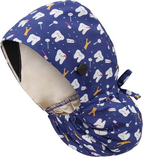 Miniatura 34 de QBA Gorra de trabajo ajustable con botón, gorro forrado de satén, gorro de trabajo de algodón, banda elástica para atar en la espalda, unisex Pt
