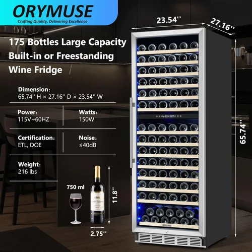 Miniatura 7 de ORYMUSE Refrigerador de vino de doble zona independiente de 175 botellas, refrigerador de vino integrado de gran capacidad de 24 pulgadas