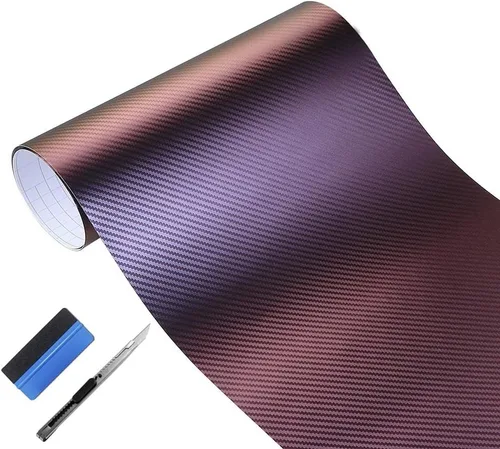 LZLRUN Rollo de vinilo de fibra de carbono camaleón 3D de color morado a azul para automóvil, película adhesiva de liberación de aire sin burbujas,
