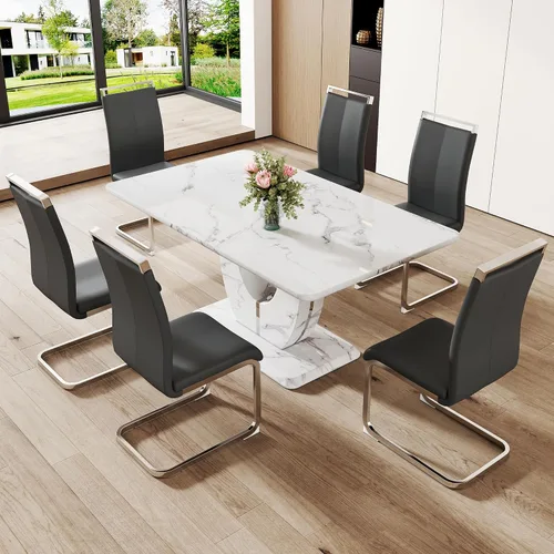 Miniatura 33 de Juego de 6 sillas de mesa de comedor para 6, juego de 6, moderno juego de comedor con mesa de comedor de mármol de 63 pulgadas, sillas tapizadas