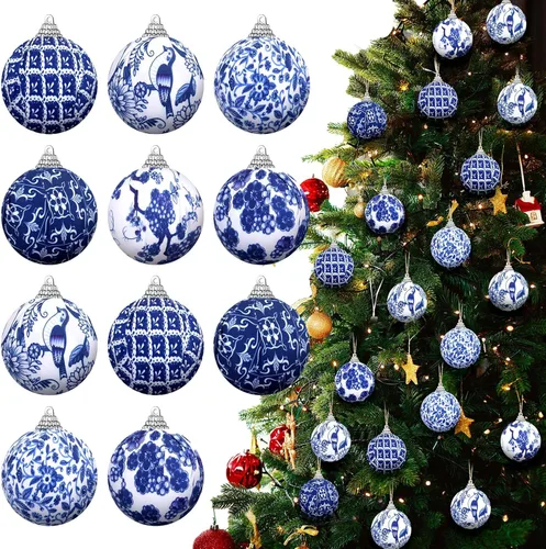 Preboun 12 Adornos de Bola de Navidad Chinoiserie Azules y Blancos Decoración de Árbol Chinoiserie Adornos Colgantes para Árbol de Navidad Envueltos