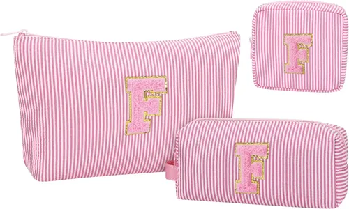 Miniatura 37 de Juego de bolsas de maquillaje con iniciales para niñas y mujeres, bolsa de cosméticos con monograma con soporte para cepillos, estuche de maquillaje