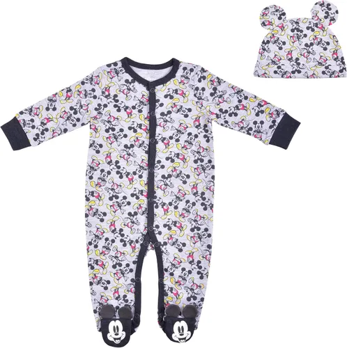 Disney Mickey Mouse - Conjunto de mameluco y sombrero de manga larga con pies para recién nacidos rojoblancogris