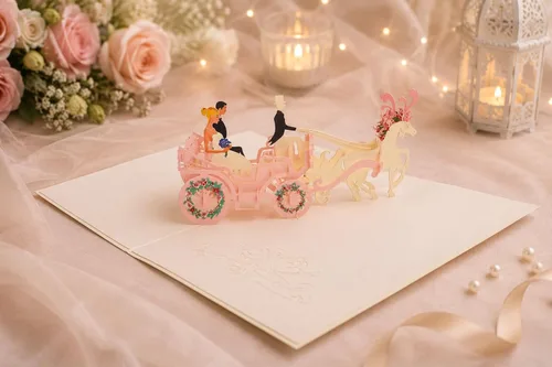 Miniatura 4 de ETA Tarjeta de felicitación desplegable de boda 3D, tarjeta desplegable de carruaje 3D, tarjeta desplegable de aniversario de boda vintage, tarjeta
