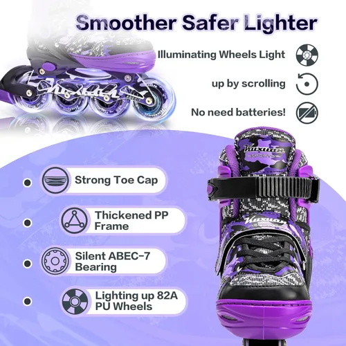 Miniatura 6 de Kuxuan Patines en línea ajustables para niños con ruedas iluminadas, divertidos patines iluminadores para niños, niñas y jóvenes Púrpura