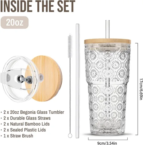 Miniatura 3 de SoulTimes Vaso de vidrio de flor de begonia de 20 onzas con tapas y popotes, 2 tazas de vidrio para café helado para batidos, matcha, jugo, agua