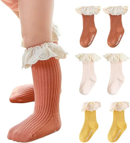 HOUSEYUAN Calcetines largos con volantes hasta la rodilla para bebé niña pequeña calcetines de princesa lindos con volantes vestido de bebé