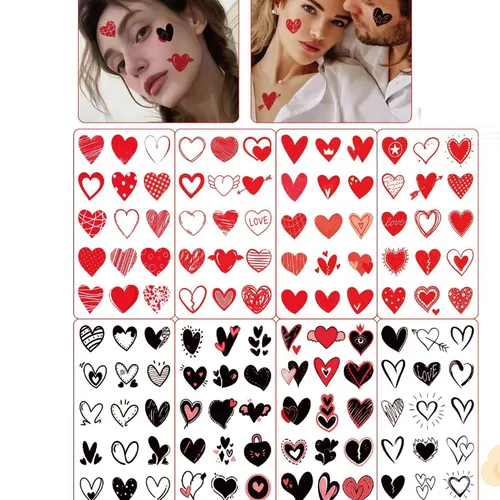 8 hojas de tatuajes temporales de corazones de San Valentín, calcomanías de tatuaje falsas rojas para niñas y mujeres, cara, cuerpo, día de San