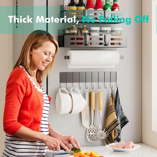 Miniatura 5 de SETBAOO Paquete de 4 estantes magnéticos para especias para refrigerador con estante de 4 ganchos y soporte para toallas de papel, estante magnético