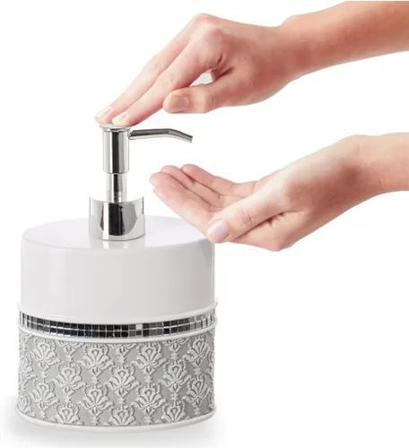 Miniatura 4 de Creative Scents Juego completo de accesorios de baño de damasco de espejo, juego de baño decorativo de 4 piezas blanco y gris incluye: dispensador