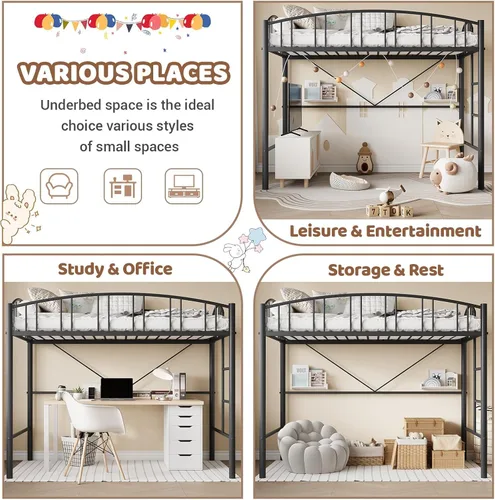 Miniatura 5 de GAOMON Cama alta tamaño individual con peldaño de escalera plana, barandilla de seguridad arqueada, marco de cama de metal alto, soporte de listones