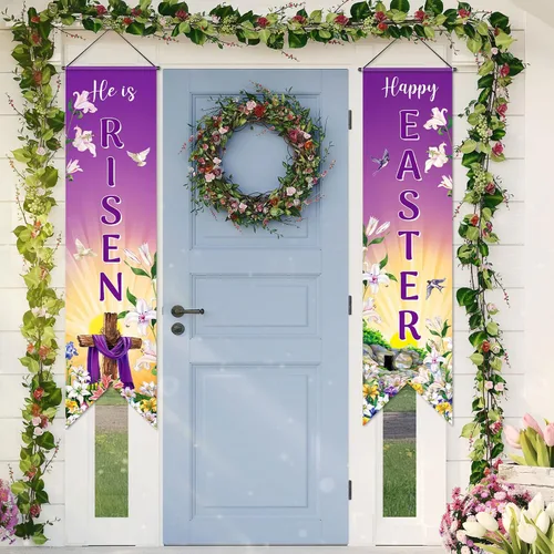 Miniatura 7 de Outus Cartel de feliz Pascua para porche con texto en inglés «He Is Risen» para puerta delantera, decoración de pared para colgar en la pared, fondo