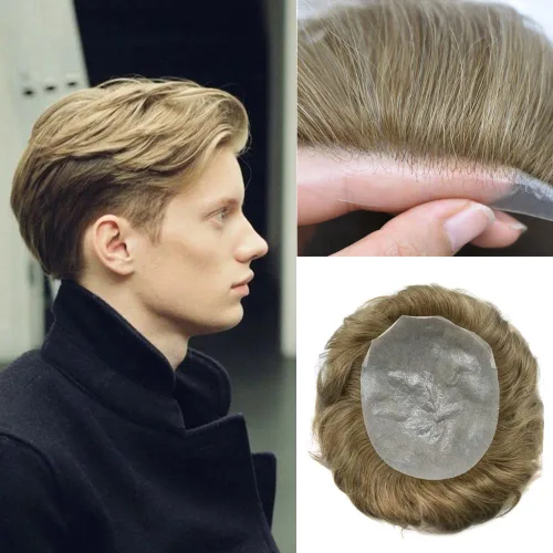 Miniatura 79 de Tupé para hombre, extensiones de cabello humano Remy para hombre, piel fina, 0.002 in, sistema de reemplazo de cabello con bucle en V para hombres