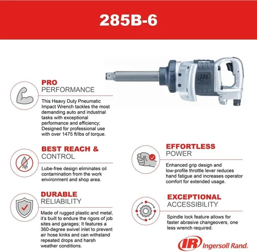 Miniatura 14 de Ingersoll Rand 285B-6 Llave de impacto neumática inalámbrica de 1 pulgada con yunque extendido de 6 pulgadas y 2 asas