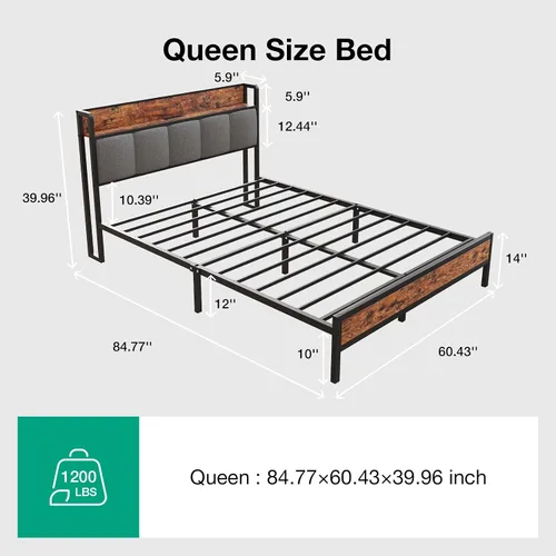 Miniatura 2 de Novilla Base de cama Queen con estación de carga USB/tipo C y cabecera de almacenamiento, marco de cama de plataforma de metal moderno, fácil