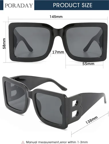 Miniatura 53 de PORADAY Gafas de sol cuadradas grandes de moda para mujeres y hombres, marco grueso negro de lujo, gafas de sol modernas con montura grande