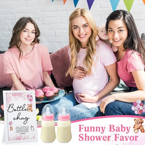 Miniatura 8 de Roowest Bottle Chug Baby Shower Games Favores que incluyen 18 botellas con 1 botella de chug de madera para revelación de género, suministros de Rosa