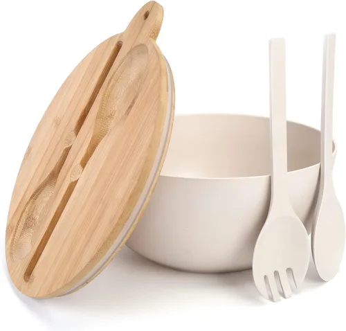 Miniatura 9 de ShineMe Juego de Ensaladera Negra, Ensaladera Grande de Fibra de Bambú de 9.8 pulgadas con Tapa y Utensilios (Cuchara y Tenedor), Tazón Sólido
