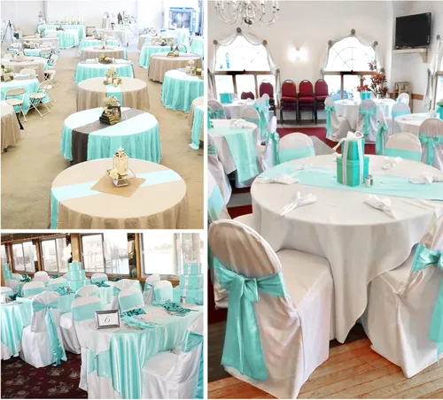 Miniatura 6 de Pack de 10 caminos de mesa de satén premium Aqua de 12 x 108 pulgadas de largo para bodas, caminos de mesa para decoraciones de fiestas