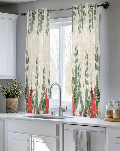 Miniatura 8 de Cortinas traslúcidas de eucalipto de Navidad de 39 pulgadas de largo, juego de 2 paneles de cortinas para cocina, dormitorio, sala de estar