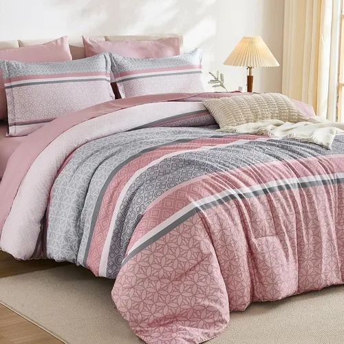Miniatura 10 de WONGS BEDDING Juego de edredón Beige tamaño Queen, juego de 7 piezas de edredón y sábanas con tiras en una bolsa, juego de ropa de cama