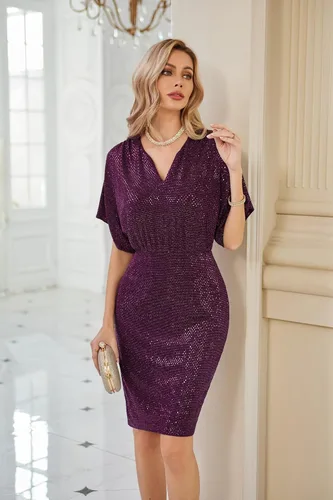 Miniatura 3 de GRACE KARIN Vestidos de lentejuelas para mujer, mangas brillantes de murciélago, cuello con muescas, vestido midi ajustado para cóctel, fiesta, cita