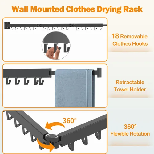 Miniatura 3 de Kelisiting Tendedero de Ropa de Montaje en Pared, Plegable de 2 Pliegues y Resistente, Tendedero de Lavandería para Montaje en Pared, [Sin Taladrar]