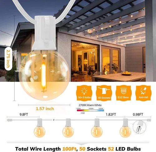 Miniatura 2 de Achin - Cadena de luces para exteriores de 100 pies G40 Globo de patio, luces LED impermeables al aire libre con 50+2 bombillas LED irrompibles