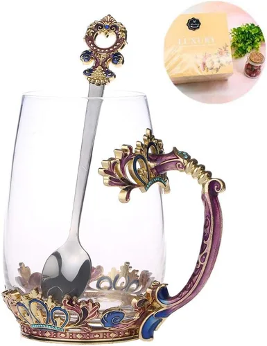 Miniatura 8 de Taza de té de cristal, regalo del día de la madre, taza de té de vidrio con asa, diseño único de esmalte de corona para Navidad, boda, cumpleaños