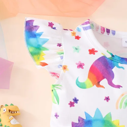 Miniatura 5 de Vestido de verano para niñas pequeñas Lindo patrón de girasol de dinosaurio, vestido casual de verano con volantes y mangas de mariposa