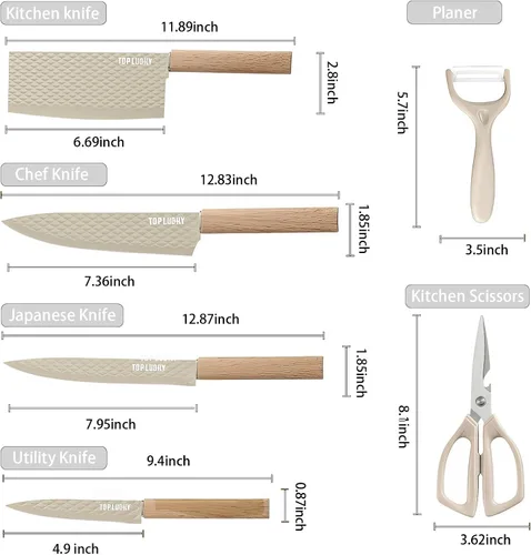 Miniatura 2 de Juego de cuchillos de cocina profesional de 7 piezas con bloque universal de cuchillos, juego de bloques de cuchillos súper afilados con mango Beige