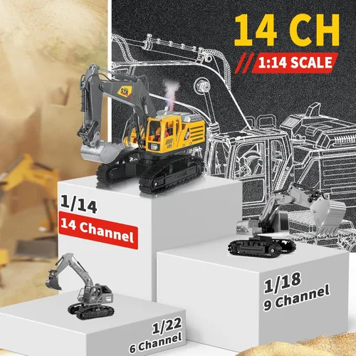 Miniatura 9 de Juguete de construcción de excavadora a control remoto, 14 canales 2.4Ghz RC con pulverización de motor real de simulación, rotación de 680°, pala