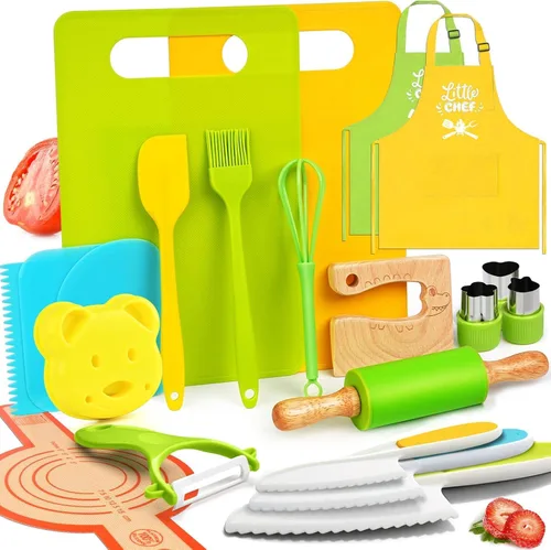 Herramientas de Cocina Montessori para Niños Pequeños - 21 Piezas Juegos de Cocina para Niños Real - Juego de Cocina Montessori para Niños Pequeños