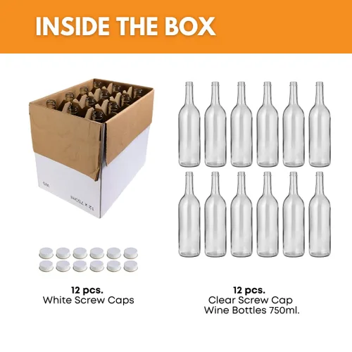 Miniatura 2 de FastRack - Botellas de vino transparentes de 750 ml con tapas de rosca de metal blanco de 28 mm (Paquete de 12) Botellas de vino de Burdeos W5