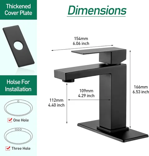 Miniatura 6 de VOTON Grifo de baño negro mate 1 agujero, grifo de tocador de acero inoxidable para fregadero de baño con placa de cubierta mangueras de suministro
