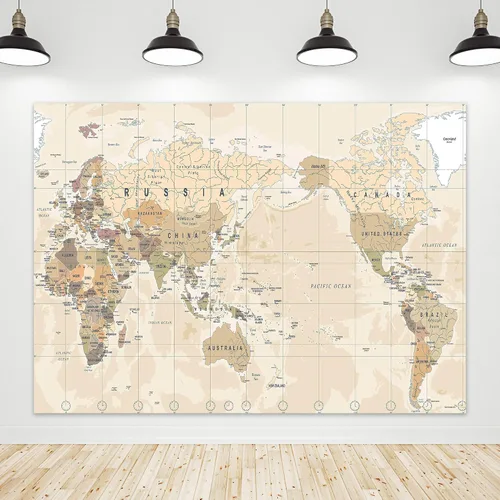 Riyidecor Mapa del mundo Telón de fondo de tela de poliéster Vintage Geográfica Educativa Aventura 7Wx5H Pies Amarillo Marrón Geografía Europa