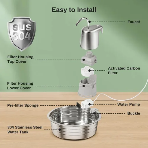 Miniatura 2 de Fuente de agua para gatos, fuente de acero inoxidable para mascotas de 4 L/135 onzas con 3 filtros, dispensador de agua para perros, fuente de agua