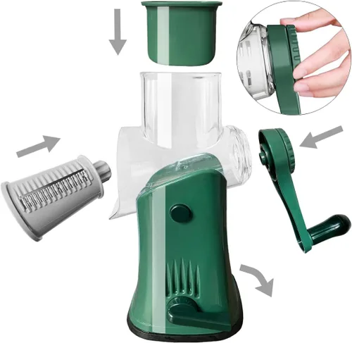 Miniatura 6 de Rallador de queso giratorio manual, 5 cuchillas intercambiables, mandolina redonda, trituradora de verduras, trituradora de tambor, picadora de Verde