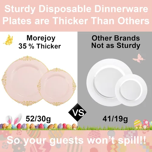 Miniatura 4 de Morejoy 175 platos de plástico rosa, juegos de platos desechables rosa y dorado, incluye 25 platos llanos, 25 platos de postre, 25 juegos de rosa