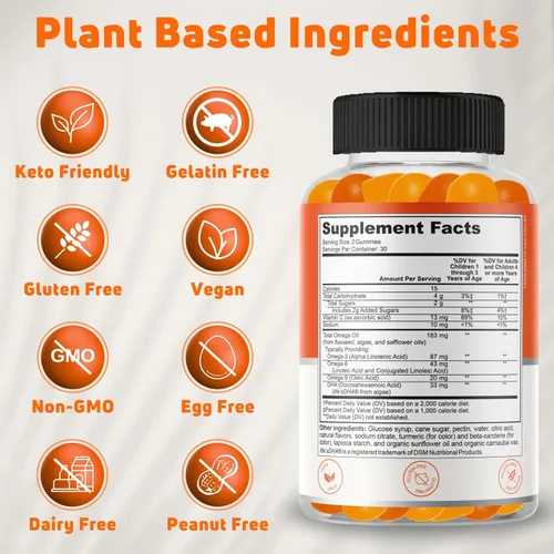 Miniatura 4 de Omega 3 para niños, apoyo para el cerebro, los ojos, el corazón y el sistema inmunológico con DHA, gomitas Omega 3 para niños, veganas, a base