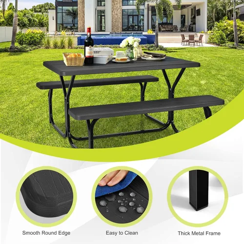 Miniatura 6 de HAPPYGRILL Juego de mesa de picnic al aire libre con marco de metal y superficie resistente a todas las condiciones climáticas, juego de mesa