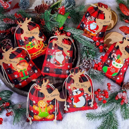 Miniatura 3 de Shappy 48 bolsas de Navidad con cordón, bolsas de arpillera a cuadros Buffalo de Navidad, bolsas de lino para golosinas, sacos para regalos