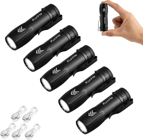 KunHe Paquete de 5 Mini Linternas Recargables a Granel USB-C Pequeñas Linternas de Alto Lúmen con Clip Portátil de Bolsillo para EDC, Uso Doméstico