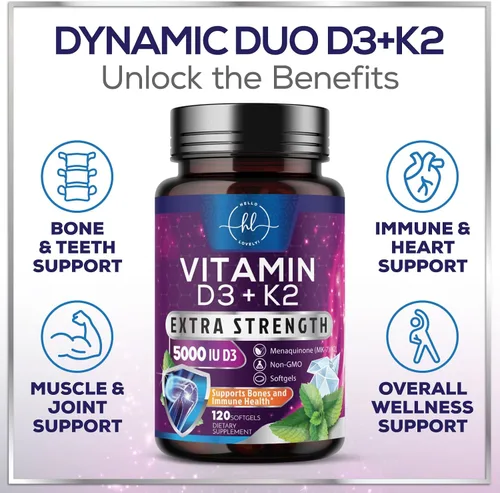 Miniatura 6 de Vitamina D con K2 (MK-7) – Vitamina D3 5000IU (125 mcg) por porción – Suplemento complejo D3K2 para huesos, dientes, músculos, absorción de calcio