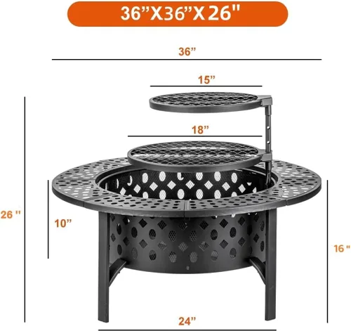Miniatura 6 de OutVue Fogata de 36 pulgadas con 2 parrillas, fogata de leña para exteriores con tapa, atizador y cubierta redonda impermeable, barbacoa y hoguera