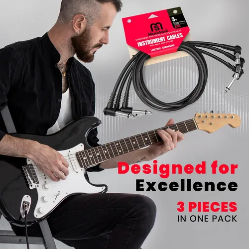 Miniatura 6 de Miracle Sound Cable de guitarra de 3 pies para efectos de pedalera con enchufe de ángulo recto, ideal para guitarra eléctrica y bajo, cable